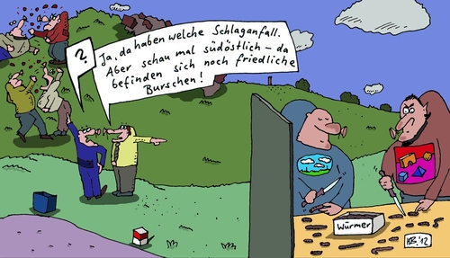 Cartoon: südöstlich (medium) by Leichnam tagged südöstlich,friedliche,burschen,regenwürmer,schlaganfall,prügelei