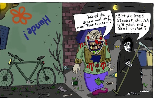 Cartoon: Toonsup.com (medium) by Leichnam tagged toonsup,killerclown,horrorclown,leichnam,leichnamcartoon,gevatter,tot,tod,sense,sensenmann,internet,witzbilderseite