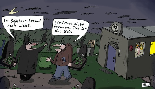 Cartoon: Totenacker (medium) by Leichnam tagged totenacker,beinhaus,leichnam,brennen,licht,kontrollgang,pastor,friedhof,anmerkung