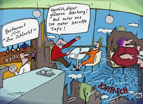 Cartoon: Überhang (medium) by Leichnam tagged überhang,restaurant,zur,schlucht,glas,gläsern,attraktion,touristen,dicke,dame,bruch,zu,schwer