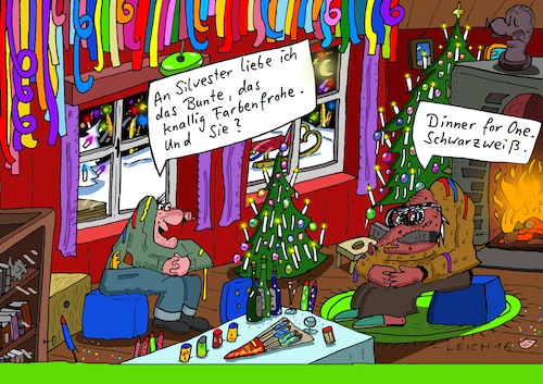 Cartoon: Und Sie? (medium) by Leichnam tagged und,sie,silvester,bunt,knallig,farbenfroh,gernot,feuerwerk,dinner,for,one,raketen,böller,schwarzweiß