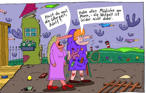 Cartoon: Unterwegs mit einer Dame (medium) by Leichnam tagged unterwegs,dame,adolf,uhrzeit,gegenstände,spielzeug,bälle,plüschtiere,leichnam,leichnamcartoon