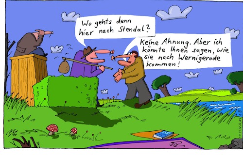 Cartoon: Wandersmann (medium) by Leichnam tagged wandersmann,unterwegs,stendal,wernigerode,orte,ortschaften,städte,nachgefragt,wegbeschreibung,leichnam,leichnamcartoon