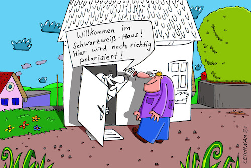 Cartoon: Willkommen! (medium) by Leichnam tagged willkommen,schwarzweiß,polarisieren,haus,leichnam,leichnamcartoon