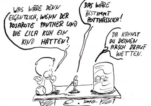 Cartoon: bestimmt (medium) by kusubi tagged teddy,dose,lila,kuh,rosaroter,panther,ritter