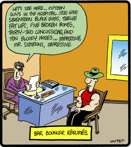 Cartoon: Bouncer Resumes (medium) by cartertoons tagged bars,bouncers,security,resume,jobs,interviews,bars,bouncers,security,resume,jobs,interviews