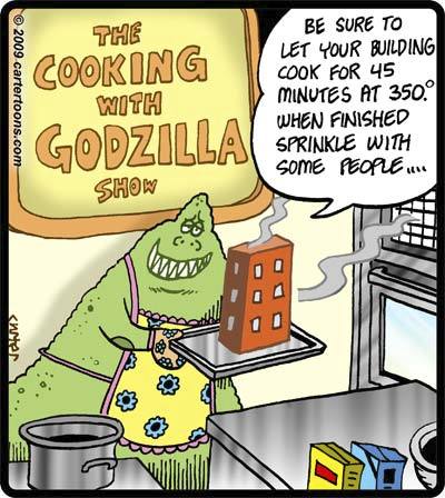 Cartoon: Cooking with Godzilla (medium) by cartertoons tagged godzilla,monster,cooking,show,kitchen