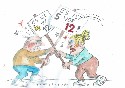 Cartoon: 5 vor 12 (medium) by Jan Tomaschoff tagged katastrophe,krise,apokalypse,panik,katastrophe,krise,apokalypse,panik