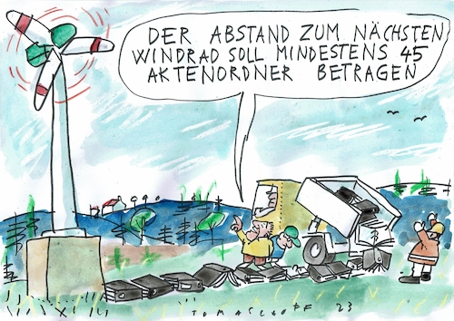Cartoon: Abstand (medium) by Jan Tomaschoff tagged energie,windkraft,abstand,energie,windkraft,abstand
