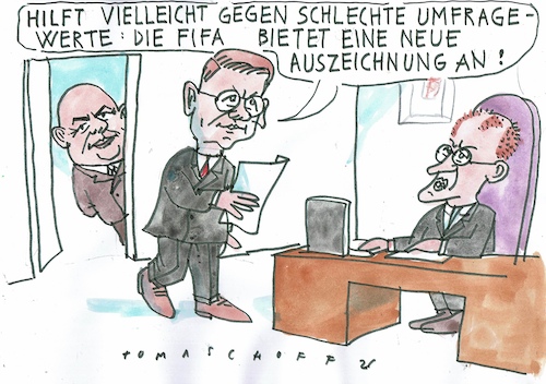Cartoon: Auszeichnung (medium) by Jan Tomaschoff tagged fifa,infantino,merz,cdu,umfragen,fifa,infantino,merz,cdu,umfragen