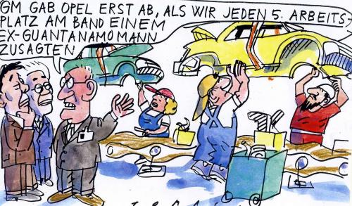 Cartoon: Autobauer (medium) by Jan Tomaschoff tagged gm,opel,guantanomo,autoindustrie,wirtschaftskrise