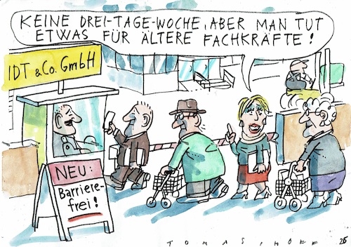 Cartoon: barrierefrei (medium) by Jan Tomaschoff tagged arbeit,senioren,fachkräftemangel,barrieren,arbeit,senioren,fachkräftemangel,barrieren