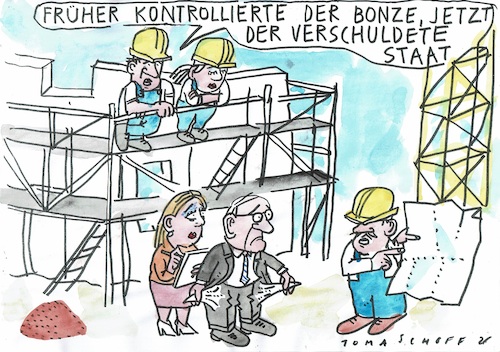 Cartoon: Bauherr (medium) by Jan Tomaschoff tagged wohnungsbau,staat,wohnungsnot,schulden,wohnungsbau,staat,wohnungsnot,schulden