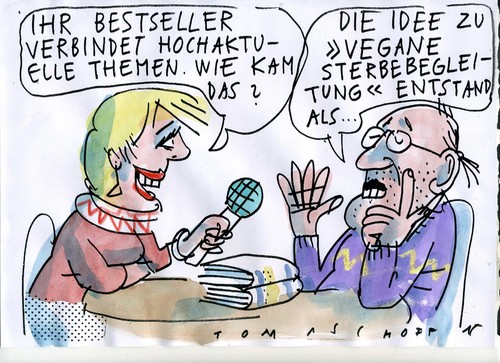 Cartoon: Bestseller (medium) by Jan Tomaschoff tagged vegan,sterbebegleitung,bücher,vegan,sterbebegleitung,bücher