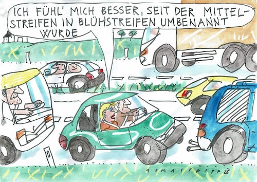 Cartoon: Blühstreifen (medium) by Jan Tomaschoff tagged umwelt,verkehr,pflanzen,autobahn,umwelt,verkehr,pflanzen,autobahn