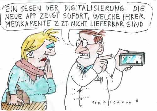 Cartoon: digital (medium) by Jan Tomaschoff tagged gesundheit,medikamente,digitalisierung,lieferengpass,gesundheit,medikamente,digitalisierung,lieferengpass