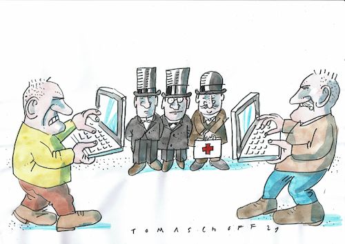 Cartoon: Duell (medium) by Jan Tomaschoff tagged kommunikation,technik,pc,internet,kommunikation,technik,pc,internet