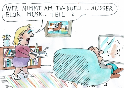 Cartoon: Duell (medium) by Jan Tomaschoff tagged wahlen,tv,duell,musk,wahlen,tv,duell,musk