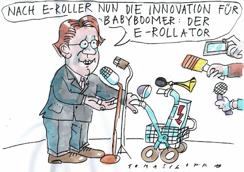 Cartoon: E Rollator (medium) by Jan Tomaschoff tagged demografie,babyboomer,rollator,elektrofahrzeug,demografie,babyboomer,rollator,elektrofahrzeug