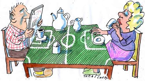 Cartoon: football (medium) by Jan Tomaschoff tagged football,fußball,wm,ehe,ehepaar,beziehung,früstück,männer,fußball,fussball,fans,sport