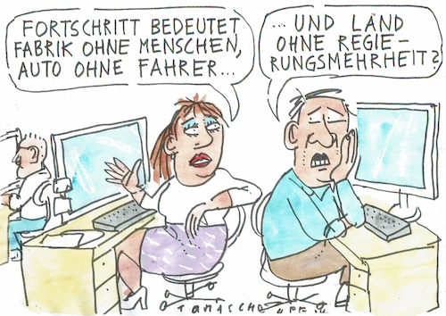 Cartoon: Fortschritt (medium) by Jan Tomaschoff tagged roboter,digitalisierung,regierung,krise,mehrheiten,roboter,digitalisierung,regierung,krise,mehrheiten