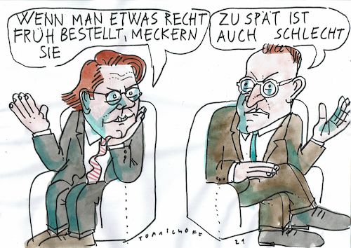 Cartoon: früh spät (medium) by Jan Tomaschoff tagged scheuer,spahn,impfungen,maut,scheuer,spahn,impfungen,maut