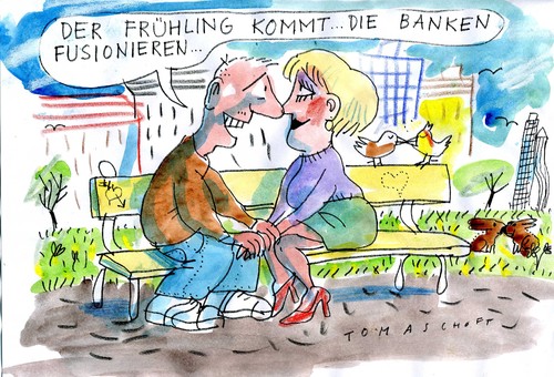Cartoon: frühling (medium) by Jan Tomaschoff tagged frühling,banken,banken,frühling,bank,liebe