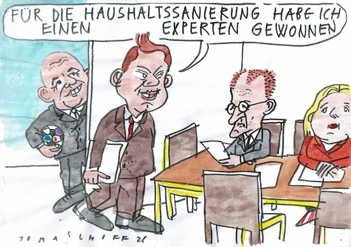 Cartoon: Haushalt (medium) by Jan Tomaschoff tagged merz,klingbeil,bas,infantino,staat,schulden,geld,merz,klingbeil,bas,infantino,staat,schulden,geld