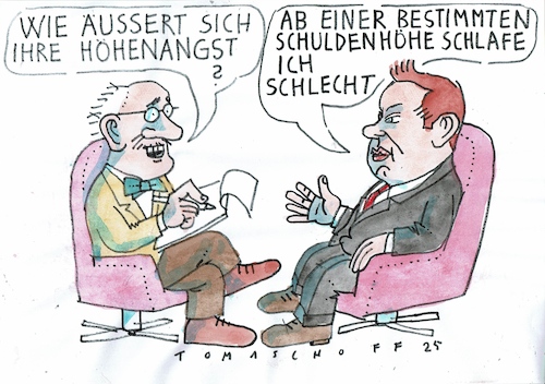 Cartoon: Höhenangst (medium) by Jan Tomaschoff tagged klingbeil,gald,haushalt,schulden,klingbeil,gald,haushalt,schulden