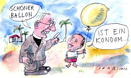 Cartoon: Kondom (medium) by Jan Tomaschoff tagged afrika,kondome,papst,cartoon,cartoons,afrika,papst,religion,glaube,kirche,bibel,predigt,vatikan,sex,sexualität,geschlechtsverkehr,aids,virus,krankheit,krank,tod,sterben,prävention,verhütung,verhütungsmittel,ballon,luftballon,gummi,kondome,kondom,schutz,sicherheit,gesundheit,familie,ehe