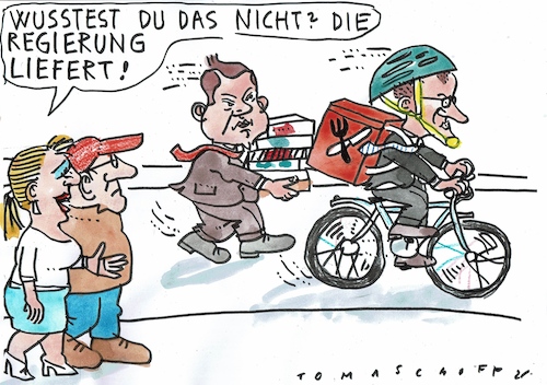 Cartoon: liefern (medium) by Jan Tomaschoff tagged merz,klingbeil,regierung,merz,klingbeil,regierung