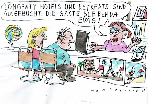 Cartoon: Longevity (medium) by Jan Tomaschoff tagged longecity,leben,sterben,zeit,reisen,longecity,leben,sterben,zeit,reisen