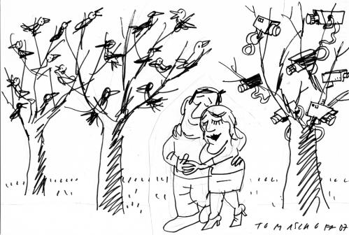 Cartoon: No Title (medium) by Jan Tomaschoff tagged camera,couple,forrest,glasnost,privacy,anti,terror