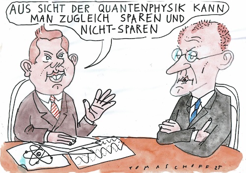 Cartoon: Quanten (medium) by Jan Tomaschoff tagged klingbeil,merz,sparen,haushalt,schulden,quantenphysik,klingbeil,merz,sparen,haushalt,schulden,quantenphysik