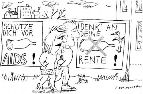 Cartoon: Rente (medium) by Jan Tomaschoff tagged rente,aids,rentner,senioren,vorsorge,jugend,prävention,rente,rentner,aids,senioren,jugend,sex,prävention,kondome,verhütung