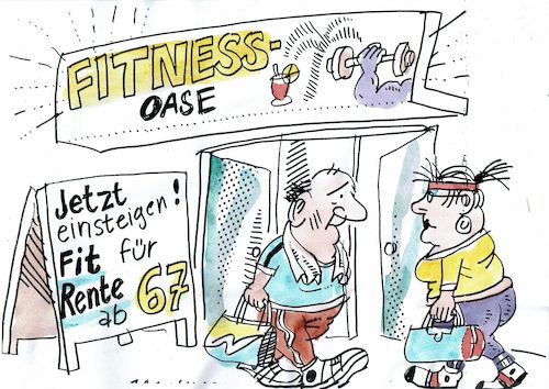 Cartoon: Rente 67 (medium) by Jan Tomaschoff tagged rentenalter,alter,fitness,rentenalter,alter,fitness