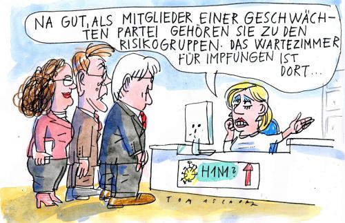 Cartoon: Schutzimpfung (medium) by Jan Tomaschoff tagged risikogruppe,schweinegrippe,spd,tamiflu,steinmeier,müntefering,nahles
