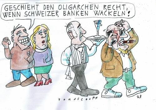 Cartoon: schweizer Banken (medium) by Jan Tomaschoff tagged bankenkrise,oligarchen,schweiz,bankenkrise,oligarchen,schweiz