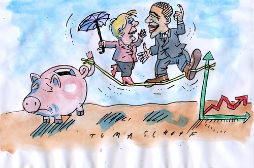 Cartoon: Seiltanz (medium) by Jan Tomaschoff tagged sparen,sparschwein,finanzen,opama,merkel,sparen,sparschwein,finanzen,obama,merkel
