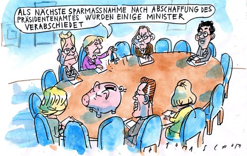 Cartoon: sparmaßnahmen (medium) by Jan Tomaschoff tagged sparen,sparen,sparmaßahmen,präsident,bundespräsident,angela merkel,angela,merkel