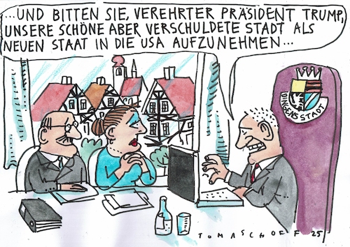 Cartoon: Staat (medium) by Jan Tomaschoff tagged finanzen,städte,schulden,usa,trump,finanzen,städte,schulden,usa,trump