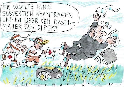 Cartoon: Subvention (medium) by Jan Tomaschoff tagged rasenmäher,subventionsabbau,rasenmäher,subventionsabbau