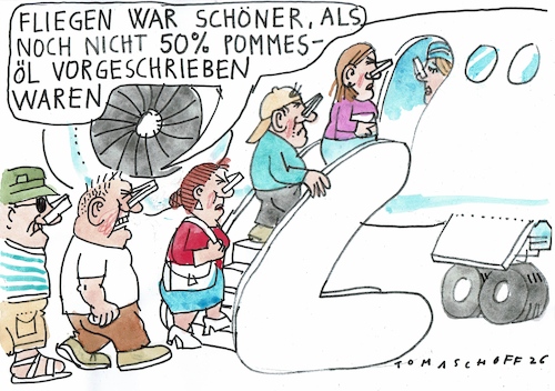 Cartoon: Treibstoff (medium) by Jan Tomaschoff tagged fliegen,kerosin,benzin,erneuerbare,fliegen,kerosin,benzin,erneuerbare