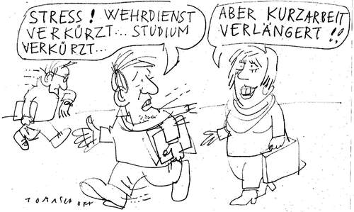 Cartoon: Über kurz oder lang... (medium) by Jan Tomaschoff tagged studium,wehrdienst,kurzarbeit,stress