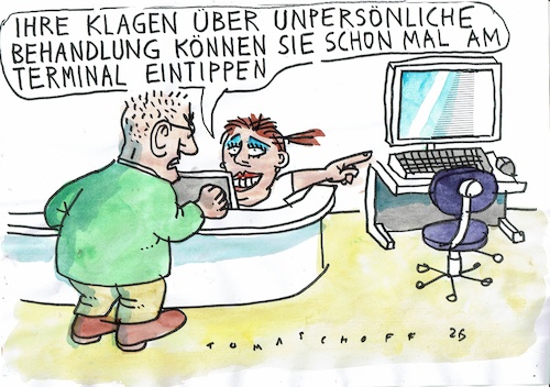 Cartoon: unpersönlich (medium) by Jan Tomaschoff tagged gesundheit,zuwendung,technik,edv,gesundheit,zuwendung,technik,edv
