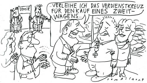 Cartoon: Verdienstkreuz (medium) by Jan Tomaschoff tagged automobilindustrie,wirtschaftskrise,absatzrückgang,konsum