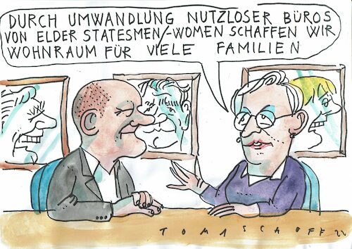 Cartoon: Wohnraum (medium) by Jan Tomaschoff tagged wohnungsnot,exkanzlerin,albundepräsident,schröder,wohnungsnot,exkanzlerin,albundepräsident,schröder