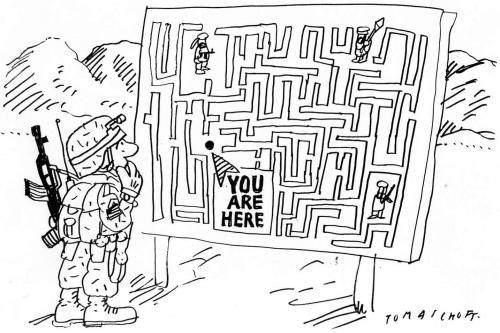 Cartoon: You Are Here (medium) by Jan Tomaschoff tagged usa,war,iraq,afghanistan,road,map,krieg,angriff,armee,bewaffnet,bürgerkrieg,demokratie,diktatur,frieden,feind,fanatismus,ethik,gewalt,konflikt,kriegsführung,kriegsrecht,militär,militarismus,moral,soldaten,terror,vernichtung,strategie,plan,stadtplan,wegweiser,labyrinth,orientierung,richtung,kriegsplanung,kriegsplan,afghanistan,bundeswehr,irak,islam,usa,amerika,deutschland,versteck,tourist,tourismus