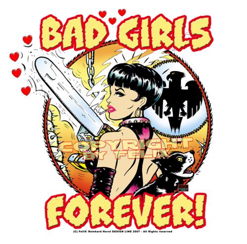 Cartoon: Bad Girls Forever! (medium) by FeliXfromAC tagged frau,devil,teufel,stockart,cartoon,character,woman,bunny,leather,detective,alias,erotic,sexy,bad,kettensäge,chainsaw,hund,dog,design,line,girls,