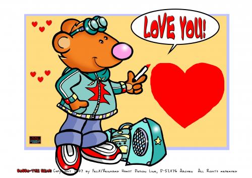Cartoon: Bobbo der Bär - Love You! (medium) by FeliXfromAC tagged bobbo,the,bear,bär,tiere,animals,niedlich,whimsical,hadyogo,wallpaper,felix,alias,reinhard,horst,ecard,glück,greetings,glückwünsche,love,liebe,poster,mascot,comic,illustration,aachen,design